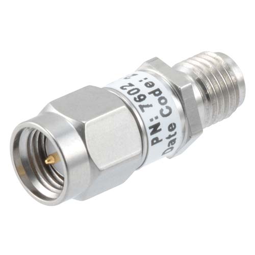 10dB RF fixed attenuator 2W, DC to 6GHz, SMA male to female, Stainless Steel Fairview Microwave FMAT7602-10