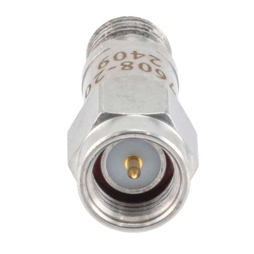 20 dB RF Fixed Attenuator SMA Male (Plug) to SMA Female (Jack), DC to 6GHz Rated to 2 Watt, Stainless Steel Body, 1.35:1 VSWR Fairview Microwave FMAT7608-20