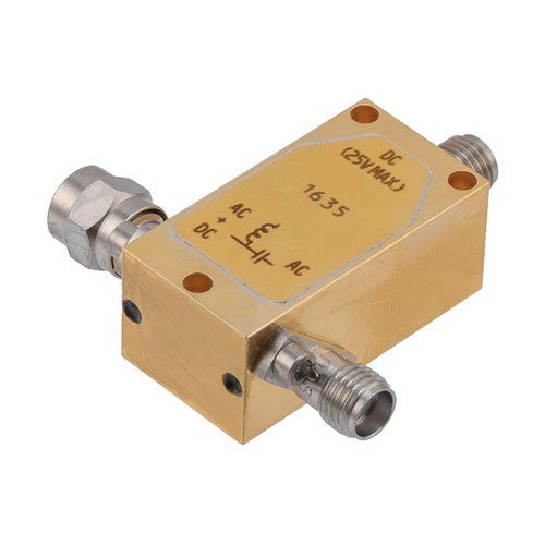 50 KHz to 18 GHz SMA Broadband Bias Tee, Male Input, Rated to 750 MHz and 25 Volts, DC SMA Connector Fairview Microwave FMBT1635