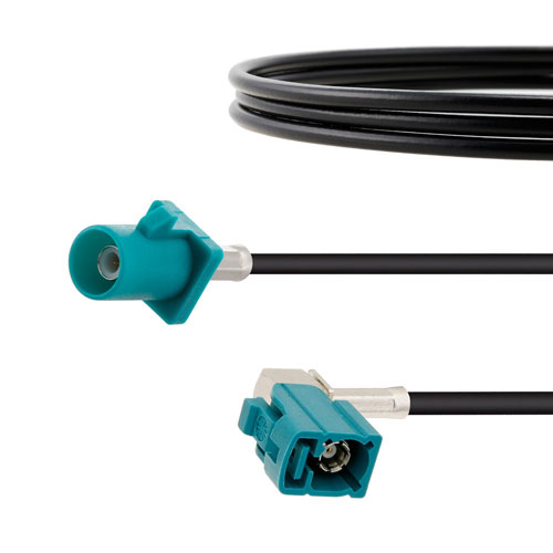 Water Blue FAKRA Plug to FAKRA Jack Right Angle Cable 48 Inch Length Using RG174 Coax Fairview Microwave FMCA1353Z-48