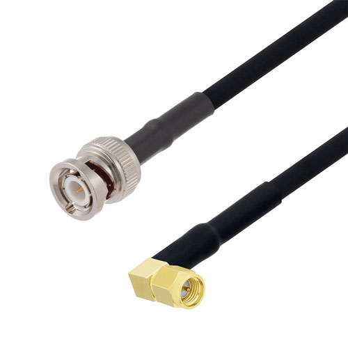 SMA Male Right Angle to BNC Male Cable in 12 Inch Length Using RG223 Coax Fairview Microwave FMCA2676-12