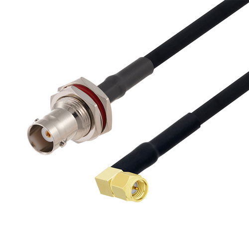 SMA Male Right Angle to BNC Female Bulkhead Cable in 150 CM Length Using RG223 Coax Fairview Microwave FMCA2714-150CM