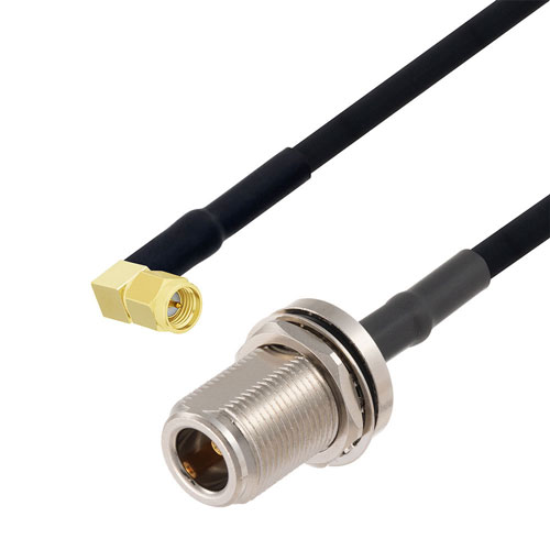 SMA Male Right Angle to N Female Bulkhead Cable in 150 CM Length Using RG223 Coax Fairview Microwave FMCA2737-150CM