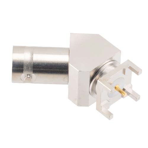 BNC Female (Jack) PCB Mount Connector, 45 Degree angle with round contact 0.0394 inches diameter, 4GHz VSWR1.2 Fairview Microwave FMCN46001