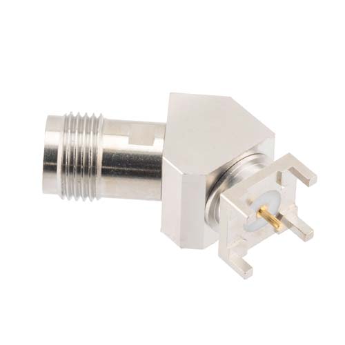 TNC Female (Jack) PCB Mount Connector, 45 Degree angle with round contact 0.0394 inches diameter, 18GHz VSWR1.2 Fairview Microwave FMCN46002