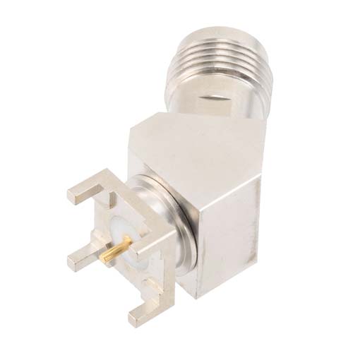 TNC Female (Jack) PCB Mount Connector, 45 Degree angle with round contact 0.0394 inches diameter, 18GHz VSWR1.2 Fairview Microwave FMCN46002