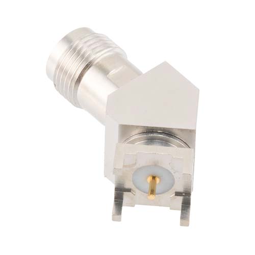 TNC Female (Jack) PCB Mount Connector, 45 Degree angle with round contact 0.0394 inches diameter, 18GHz VSWR1.2 Fairview Microwave FMCN46002