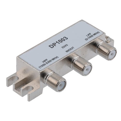 75 Ohm Diplexer, 5 to 1450 MHz Low Pass, 1550 to 2300 MHz High Pass, Type F Female Fairview Microwave FMDP1003