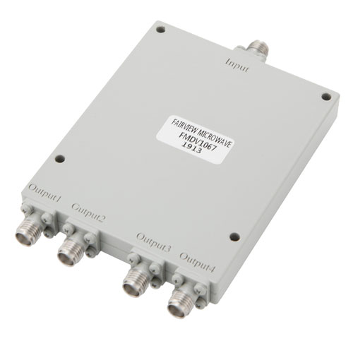 4 Way Power Divider SMA Interface from 2 GHz to 26.5 GHz Rated at 20 Watts Fairview Microwave FMDV1067