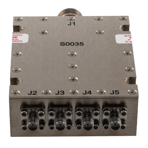 4 Way Broadband Combiner SMA Female Input and N-Type Female Output from 2 GHz to 8 GHz rated 300 Watts Fairview Microwave FMS0035