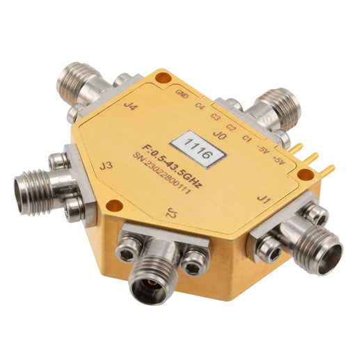 Absorptive SP4T Wideband PIN Diode Switch Operating 500 MHz to 43.5 GHz, Up to 23 dBm, 80 nsec max and 2.92mm Fairview Microwave FMSW1116