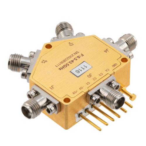 Absorptive SP4T Wideband PIN Diode Switch Operating 500 MHz to 43.5 GHz, Up to 23 dBm, 80 nsec max and 2.92mm Fairview Microwave FMSW1116