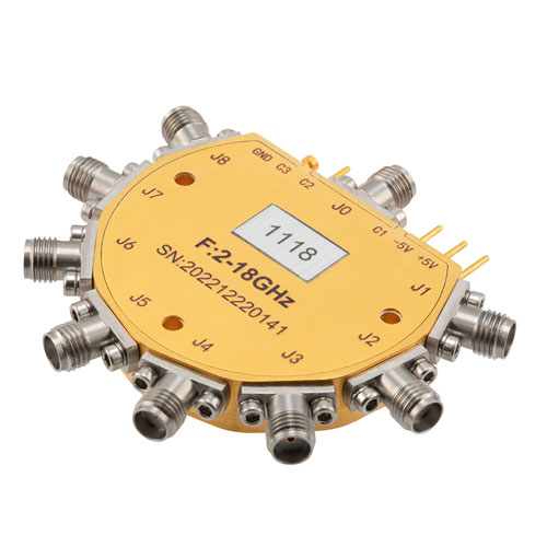 Absorptive SP8T Broadband PIN Diode Switch Operating from 2 GHz to 18 GHz, Up to 30 dBm, 100 nsec max and SMA Fairview Microwave FMSW1118