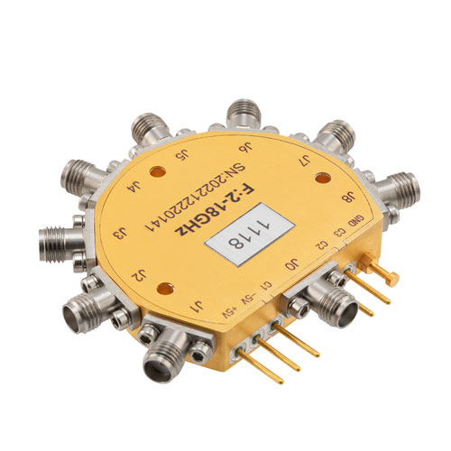 Absorptive SP8T Broadband PIN Diode Switch Operating from 2 GHz to 18 GHz, Up to 30 dBm, 100 nsec max and SMA Fairview Microwave FMSW1118