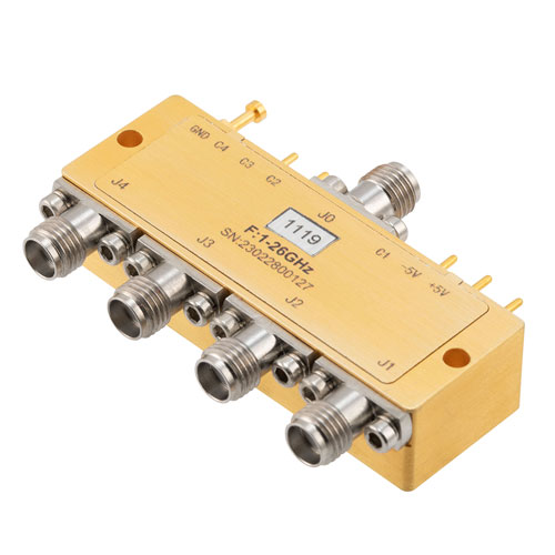 Reflective SP4T Broadband PIN Diode Switch Operating from 1 GHz to 26 GHz, Up to 23 dBm, 100 nsec max and SMA Fairview Microwave FMSW1119