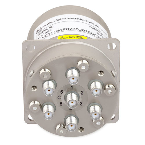 SP6T NO DC to 22 GHz Terminated Electro-Mechanical Relay Switch, Indicators, TTL, Diodes, 20W, 12V, SMA Fairview Microwave FMSW6311