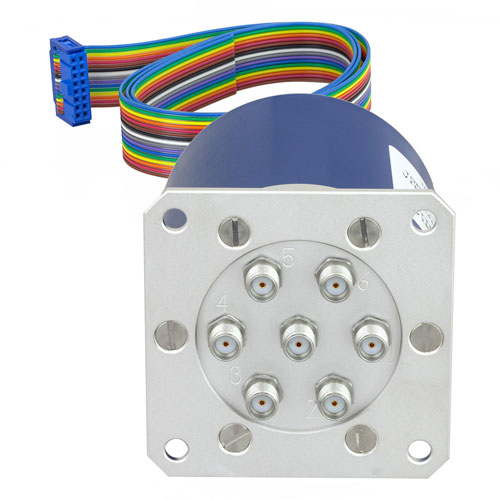 SP6T Latching 0.03 dB Low Insertion Loss Repeatability DC to 20 GHz Terminated Relay Switch, Indicators, Self Cut Off, Reset, 70W, 24V, SMA Fairview Microwave FMSW6331