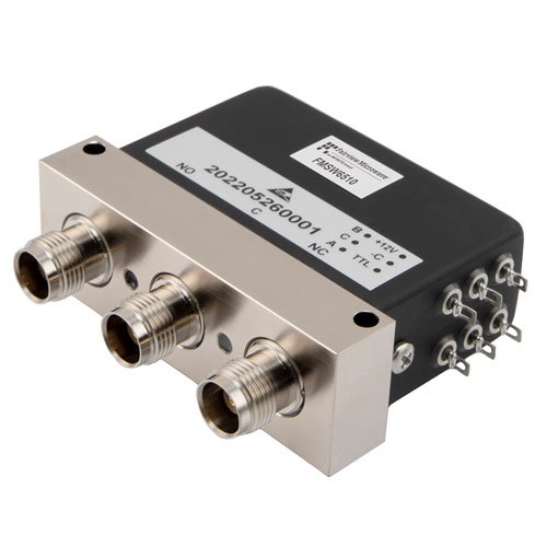 SPDT Electromechanical Relay Failsafe Switch DC to 12.4 GHz, 2M Lifecycles, TNC, 50 Watts, 12V, Indicators, TTL, Diodes, Solder Pins Fairview Microwave FMSW6509