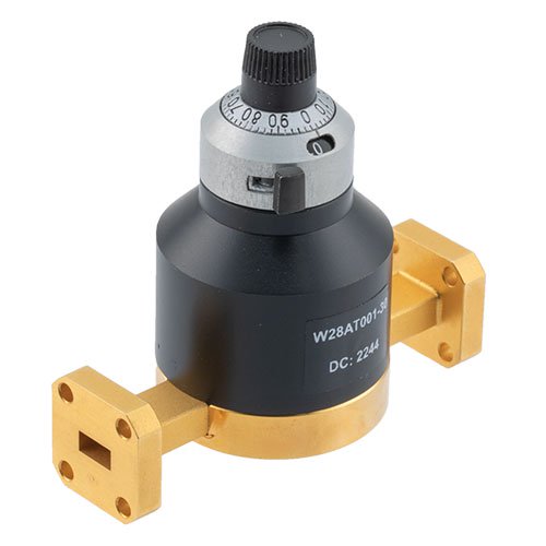 WR-28 Waveguide Continuously Variable Attenuator with Dial 0 to 30 dB Operating from 26.5 GHz to 40 GHz, UG-599/U Square Cover Flange Fairview Microwave FMW28AT001-30