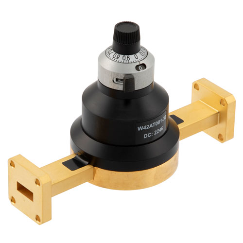 WR-42 Waveguide Continuously Variable Attenuator with Dial 0 to 30 dB, Operating from 18 GHz to 26.5 GHz, UG-595/U Square Cover Flange Fairview Microwave FMW42AT001-30