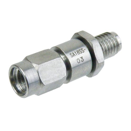 3 dB Fixed Attenuator SSMA Male (Plug) to SSMA Female (Jack) Up to 18 GHz Rated to 2 Watts, Passivated Stainless Steel Body, 1.6 VSWR Fairview Microwave SA18SS-03