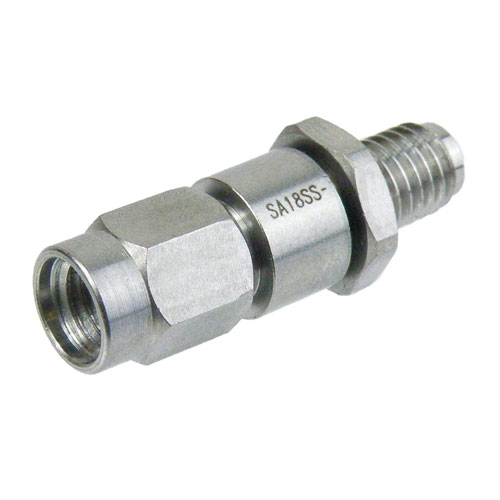 6 dB Fixed Attenuator SSMA Male (Plug) to SSMA Female (Jack) Up to 18 GHz Rated to 2 Watts, Passivated Stainless Steel Body, 1.6 VSWR Fairview Microwave SA18SS-06