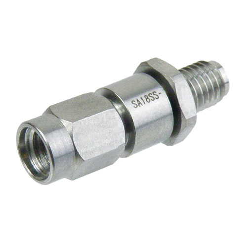 10 dB Fixed Attenuator SSMA Male (Plug) to SSMA Female (Jack) Up to 18 GHz Rated to 2 Watts, Passivated Stainless Steel Body, 1.6 VSWR Fairview Microwave SA18SS-10