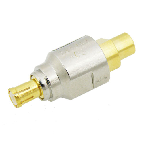 3 dB Fixed Attenuator MCX Male (Plug) to MCX Female (Jack) Up to 6 GHz Rated to 2 Watts, Brass Nickel Body, 1.2 VSWR Fairview Microwave SA3042-03