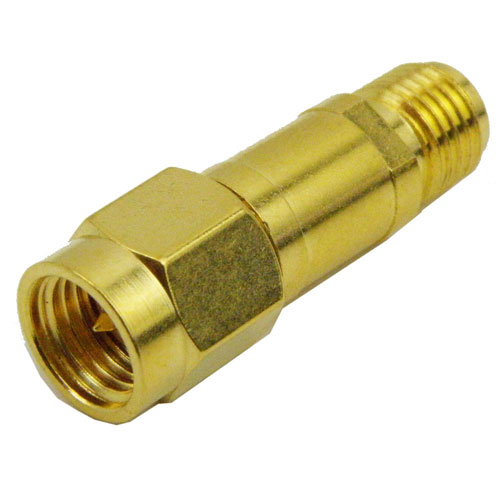 10 dB Fixed Attenuator SMA Male (Plug) to SMA Reverse Polarity Female (Jack) Up to 3 GHz Rated to 2 Watts, Brass Nickel Body, 1.25 VSWR Fairview Microwave SA3R-10