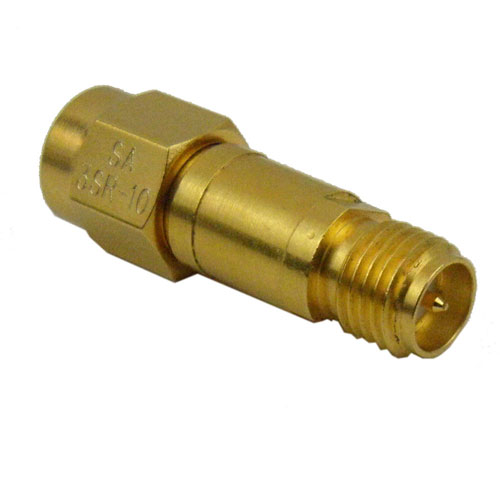 10 dB Fixed Attenuator SMA Reverse Polarity Male To SMA Reverse Polarity Female Up To 3 GHz Rated To 2 Watts With Brass Gold Body Fairview Microwave SA3SR-10