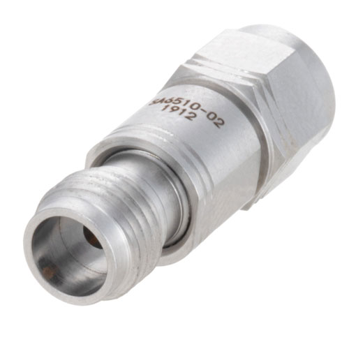 2 dB Fixed Attenuator 1.85mm Male (Plug) to 1.85mm Female (Jack) Up to 65 GHz Rated to 1 Watt, Passivated Stainless Steel Body, 1.65 VSWR Fairview Microwave SA6510-02