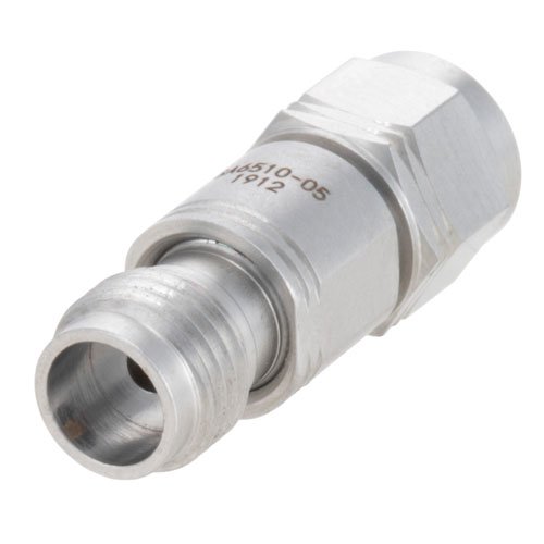 5 dB Fixed Attenuator 1.85mm Male (Plug) to 1.85mm Female (Jack) Up to 65 GHz Rated to 1 Watt, Passivated Stainless Steel Body, 1.65 VSWR Fairview Microwave SA6510-05