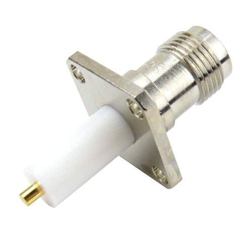 TNC Female (Jack) Connector Stub Terminal 4 Hole Flange (Panel Mount), Solder, Nickel Plated Brass Body, Length 1.305 In Fairview Microwave SC4241