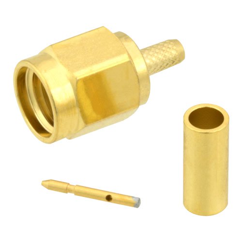 SMA Male (Plug) Connector For RG316, RG174, RG188, LMR-100, LMR-100A, 0.100  inch Cable, Crimp/Solder, Gold Plated Brass Body, Length 0.59 In