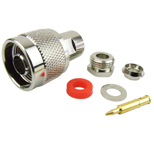 N Male (Plug) Connector For RG58, RG55, RG141 Cable, Clamp/Solder, Nickel Plated Brass Body, Length 1.2 In Fairview Microwave SC9178