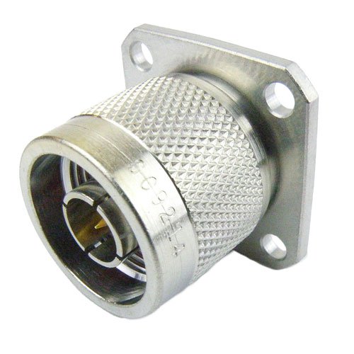 N Male (Plug) Connector Solder Cup Terminal 4 Hole Flange (Panel Mount), Solder, Tri-Metal Plated Brass Body, Length 0.719 In Fairview Microwave SC9214