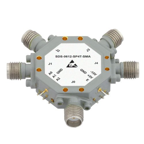 SP4T High Isolation PIN Diode Switch 6 GHz to 12 GHz, 75 dB, 27 dBm, 2.5 dB Loss and SMA Fairview Microwave SDS-0612-SP4T-SMA