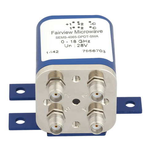 Transfer Latching DC to 18 GHz Electro-Mechanical Relay Switch, Indicators, Self Cut Off, up to 240W, 28V, SMA Fairview Microwave SEMS-4065-DPDT-SMA