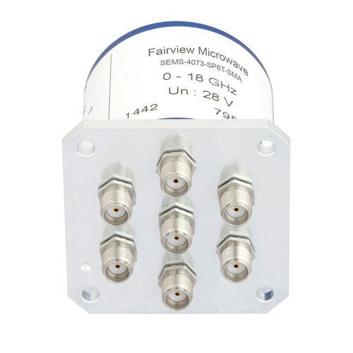 SP6T NO DC to 18 GHz Electro-Mechanical Relay Switch, up to 240W, 28V, SMA Fairview Microwave SEMS-4073-SP6T-SMA