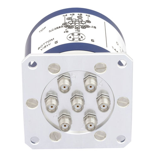 SP6T Latching DC to 26.5 GHz Terminated Electro-Mechanical Relay Switch, Self Cut Off, Reset, Diodes, up to 240W, 28V, SMA Fairview Microwave SEMS-4077-SP6T-SMA