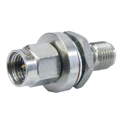 3.5mm Male (Plug) to 3.5mm Female (Jack) Bulkhead Adapter, Passivated Stainless Steel Body, 1.25 VSWR Fairview Microwave SM3322