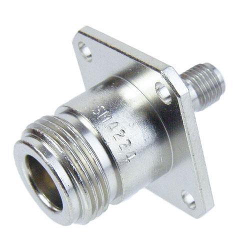 4 Hole Flange SMA Female (Jack) to N Female (Jack) Adapter, Passivated Stainless Steel Body, 1.25 VSWR Fairview Microwave SM4224