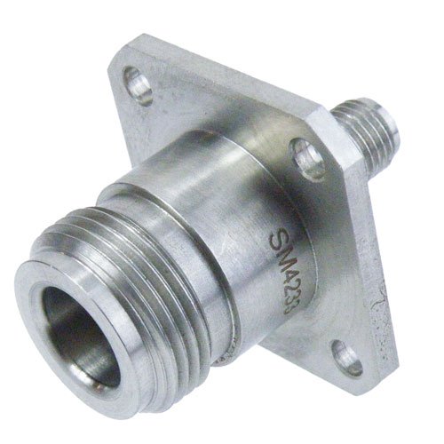 SMA Female (Jack) to N Female (Jack) 4 Hole Flange Adapter, Passivated Stainless Steel Body, 1.2 VSWR Fairview Microwave SM4233