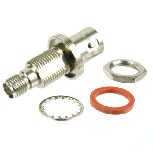 Bulkhead SMA Female (Jack) to BNC Female (Jack) Adapter, Nickel Plated Brass Body, 1.2 VSWR Fairview Microwave SM4705