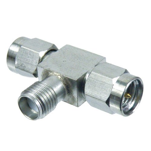 SMA T Adapter Male (Plug)-Female (Jack)-Male (Plug), Passivated Stainless Steel Body, 2.25 VSWR Fairview Microwave SM4901