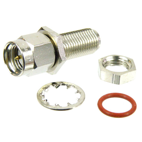 Bulkhead SMA Male (Plug) to SMA Female (Jack) Adapter, Nickel Plated Brass Body, High Temp, 1.25 VSWR Fairview Microwave SM4929