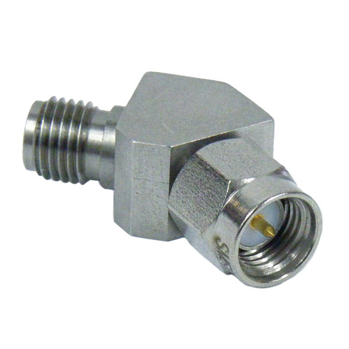 45 Degree SMA Male (Plug) to SMA Female (Jack) Adapter, Passivated Stainless Steel Body, 1.3 VSWR Fairview Microwave SM5246