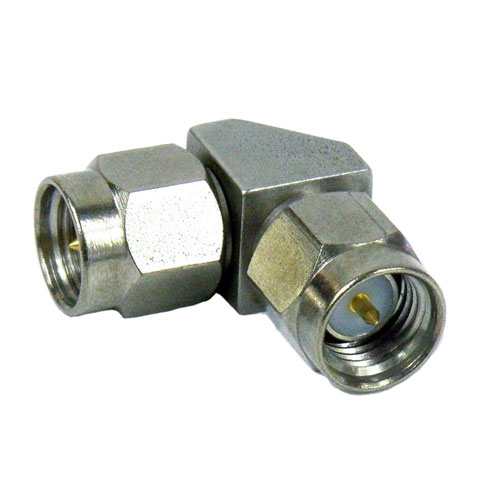 Miter RA SMA Male (Plug) to SMA Male (Plug) Adapter, Passivated Stainless Steel Body, 1.35 VSWR, 27 GHz Fairview Microwave SM5255