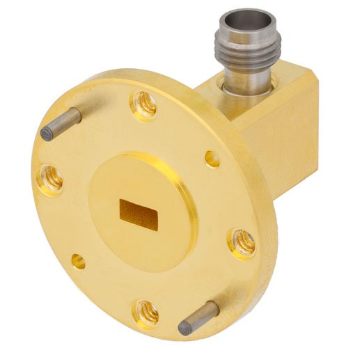 WR-19 to 1.85mm Female Waveguide to Coax Adapter UG-383/U-Mod Round Cover Standard with 40 GHz to 60 GHz U Band in Aluminum, Gold Fairview Microwave SMW19AC001-VF