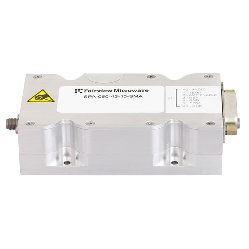 43 dB Gain High Power GaN Amplifier at 10 Watt Psat Operating from 700 MHz to 6 GHz with SMA Input, SMA Output Fairview Microwave SPA-060-43-10-SMA